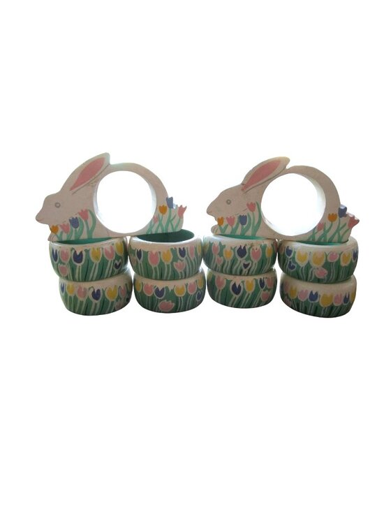 None Other - Vintage Painted Wood Easter Bunny Rabbit Tulip Napkin Rings Ten GUC